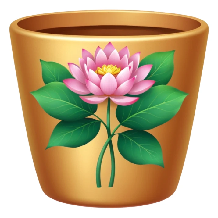 Gold-colored ceramic flower pot; it is shallow and cylindrical, and contains a lotus flower plant.
 sticker