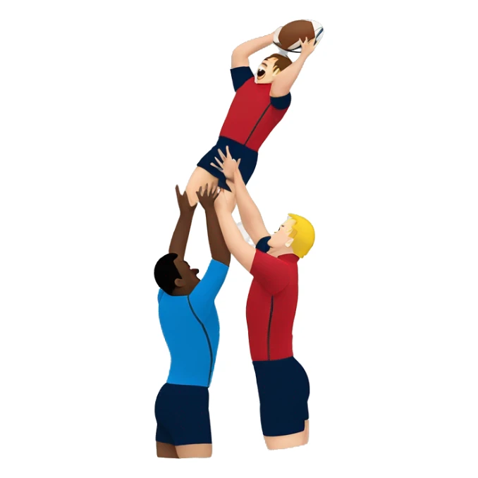 two rugby players lifting another player to catch a ball in a lineout sticker