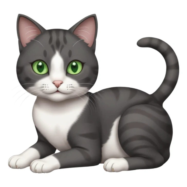 beautiful female solid dark grey cat with green eyes, white toes/paws and white patch on her chest rolling over sticker