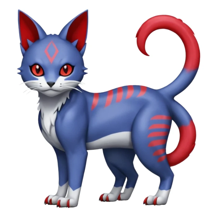 Dark-greyish-blue-grey-black, with red markings, white belly, scaley Bastet-Noibat-Gatomon-Digimon-Fakémon-Pokémon-creature (full body) sticker