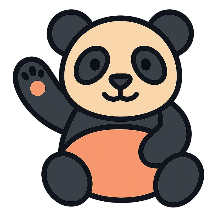 playful panda waving its paw, color icon style with black outlines and soft color fills sticker