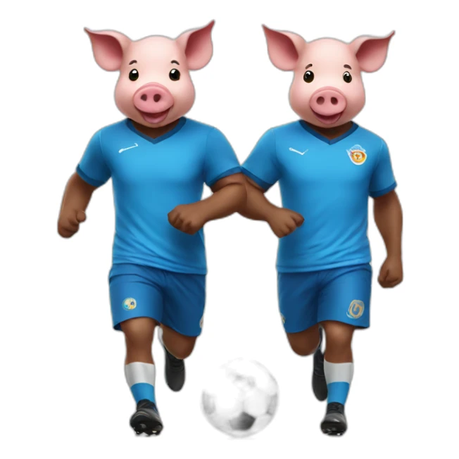 Two pigs playing soccer with a blue shirt sticker