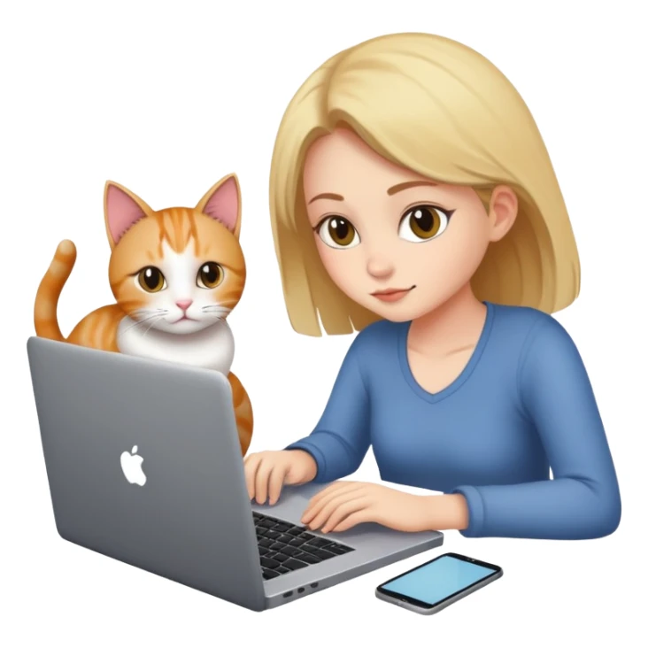 A girl is working on a laptop with a cat lying next to it sticker