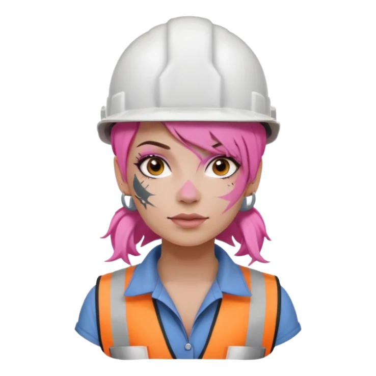 construction worker woman pink hair, white helmet and face tattoo sticker