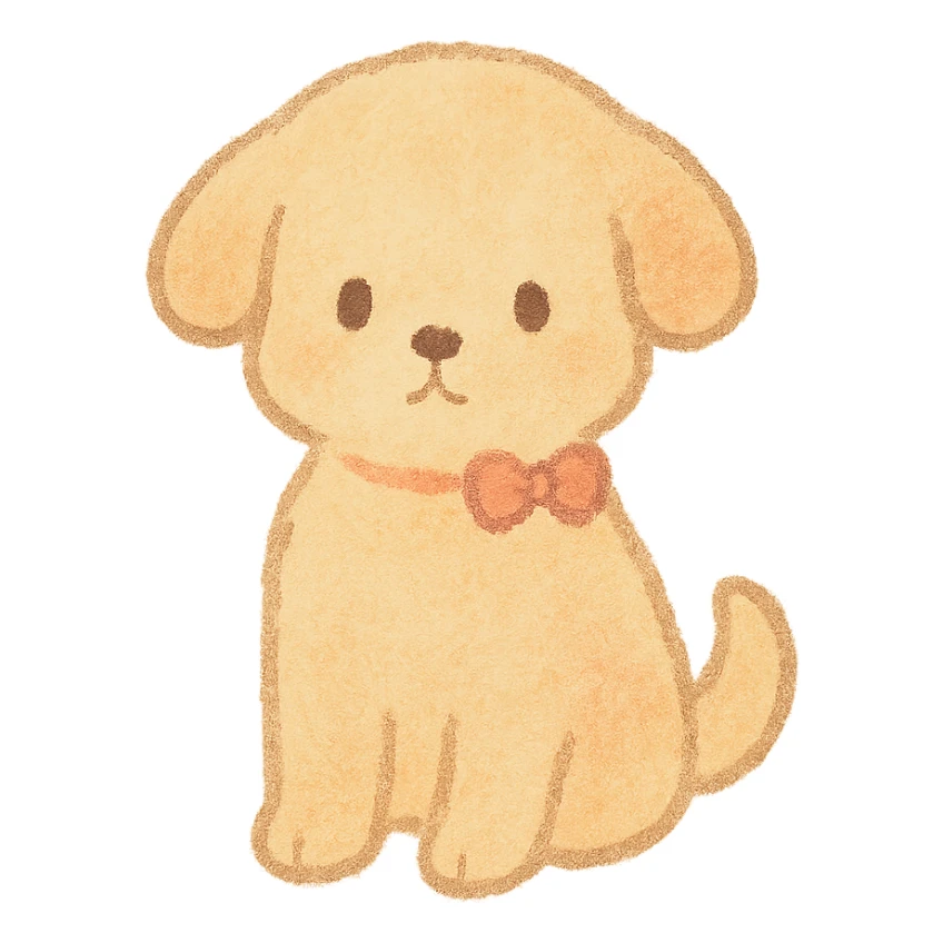 soft pastel puppy silhouette, Japanese hand-drawn kawaii style, full object, with a tiny bow sticker