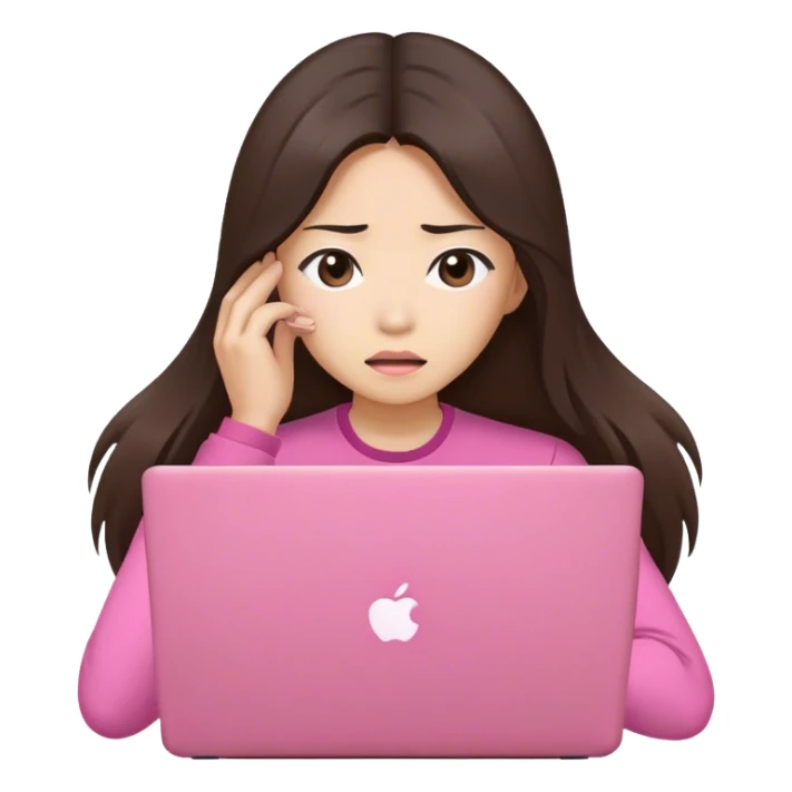 Stressed long hair brunette asian working on pink laptop  sticker
