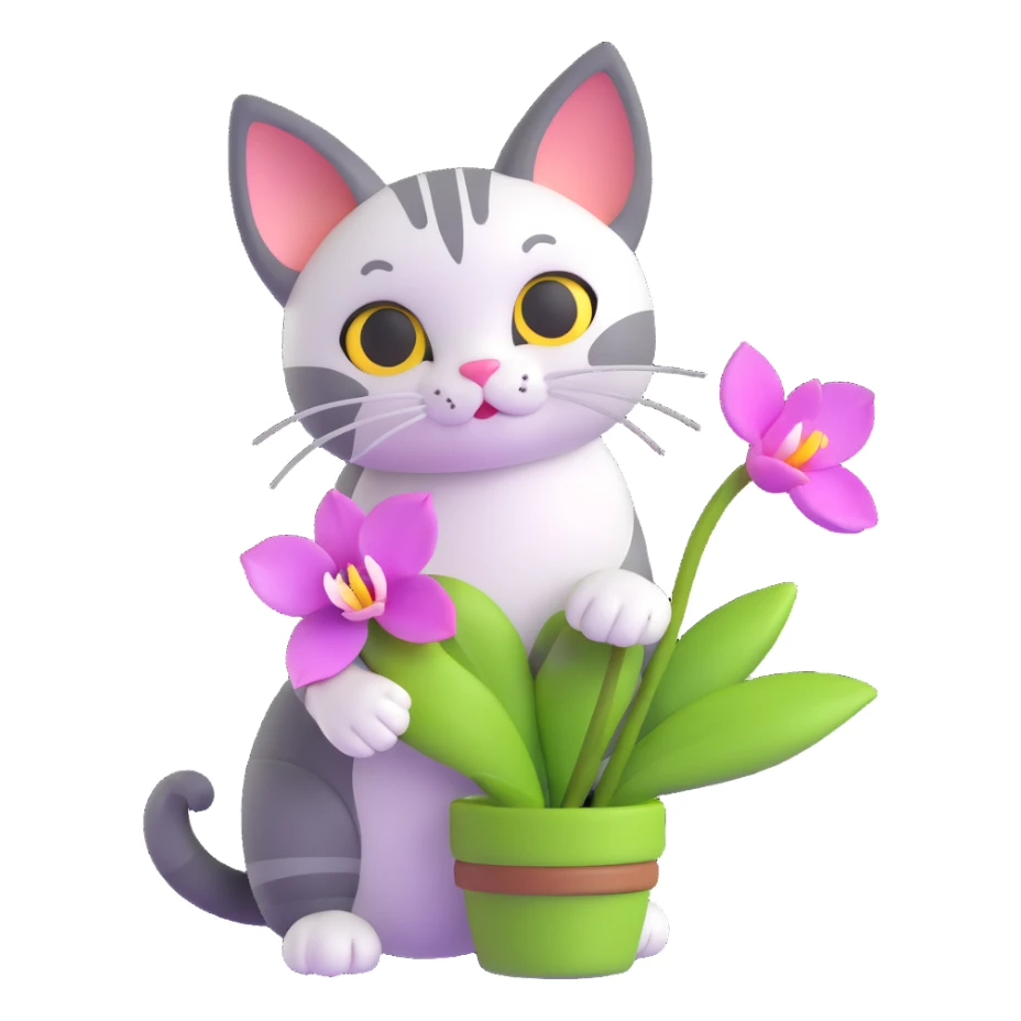 cat holding a spring orchid, microsoft style 3d fluent emoji sticker