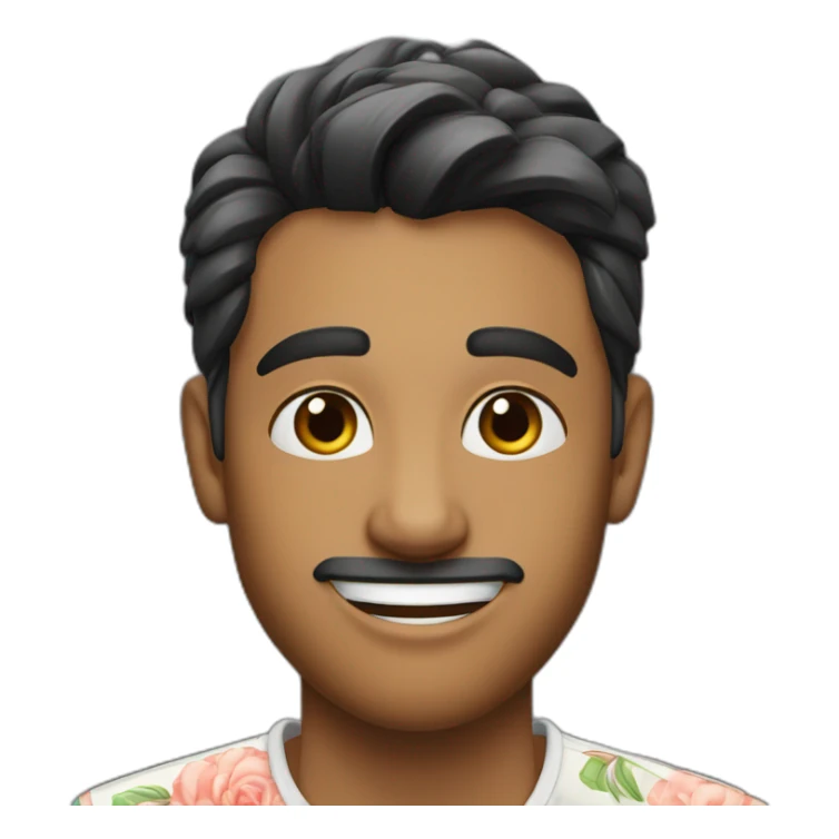 Indian 23 year old male with fair complexion with full b,sharp nose, white floral shirt, winking  sticker