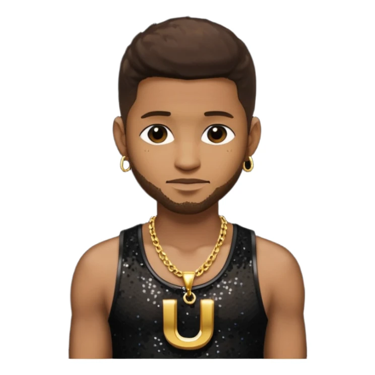 Usher with dark brown hair, black sequin tank top, necklace with letter u sticker