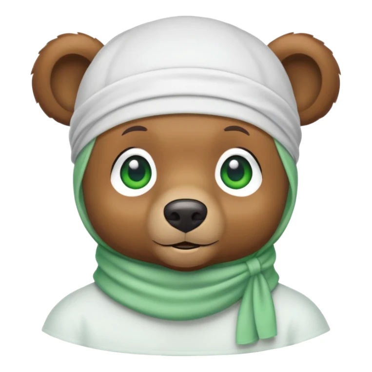 Cute brown bear head with green eyes wearing a white durag, hip style, iOS emoji style sticker