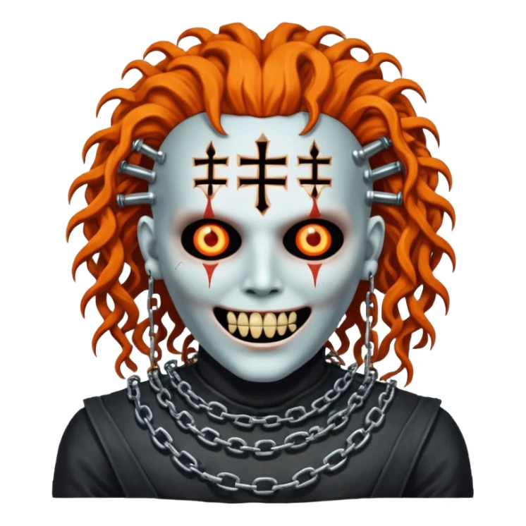 pinhead Hellraiser corpse made of rusty metal with chains on its teeth, huge curly orange hair sticker