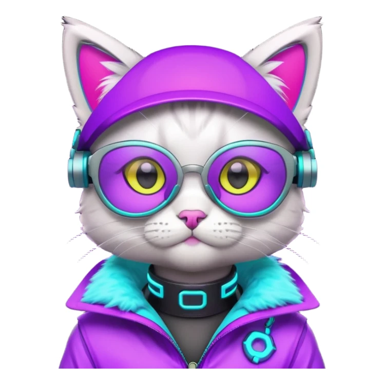 cute cyberpunk cat, neon visor glasses, tech jacket, glowing collar, purple and cyan neon accents, 3D cartoon, mobile game icon style, clean background, no text, no watermark
 sticker