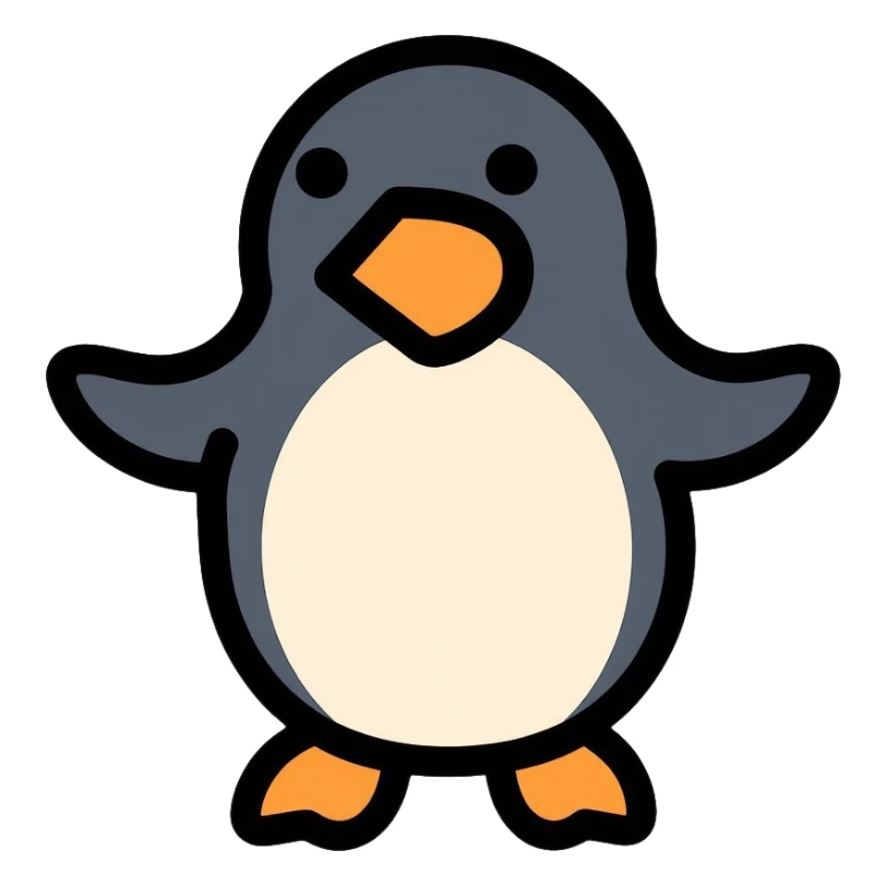 penguin icon constructed entirely from circles and triangles, geometric minimalist design sticker