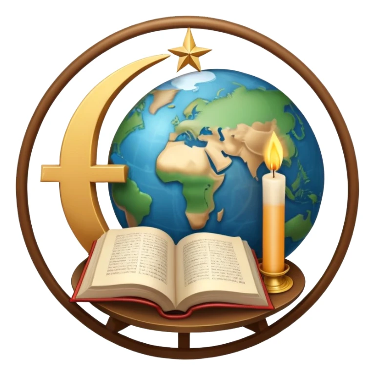An icon featuring a holy book, a candle, a cross, and Islamic crescent and star, alongside a Buddhist wheel of Dharma, symbolizing religious studies. The design includes a globe with these symbols, representing the diversity of beliefs. Transparent background  sticker