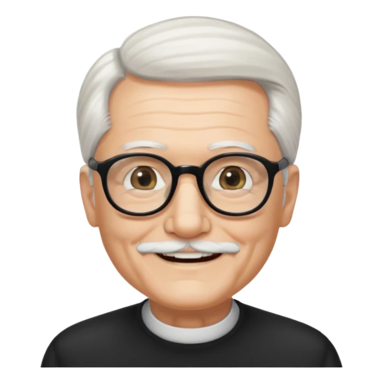 An elderly man with neatly combed white hair swept back and wears black rectangular glasses. His face is oval-shaped with  a small white beard.  sticker