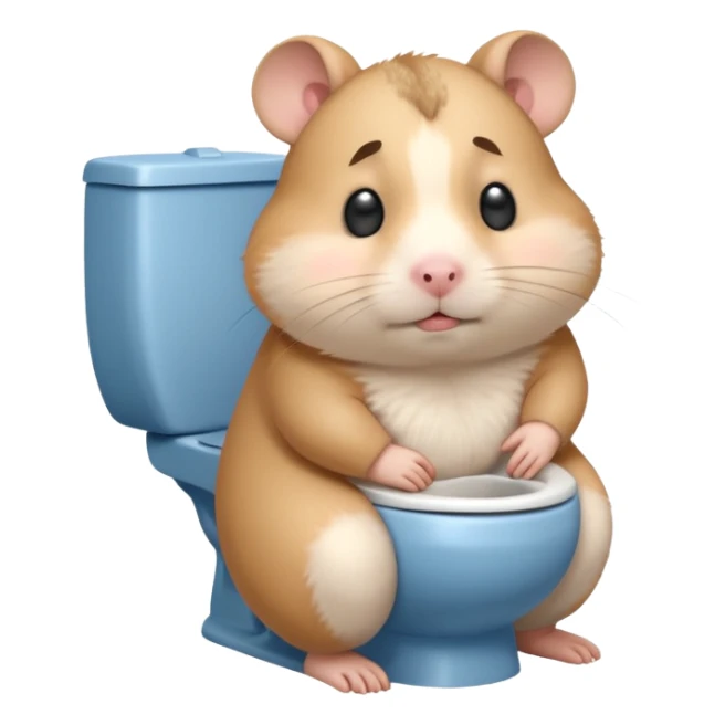 Cute chubby cartoon-style hamster sitting on toilet pooping looking as if he had an accident sticker