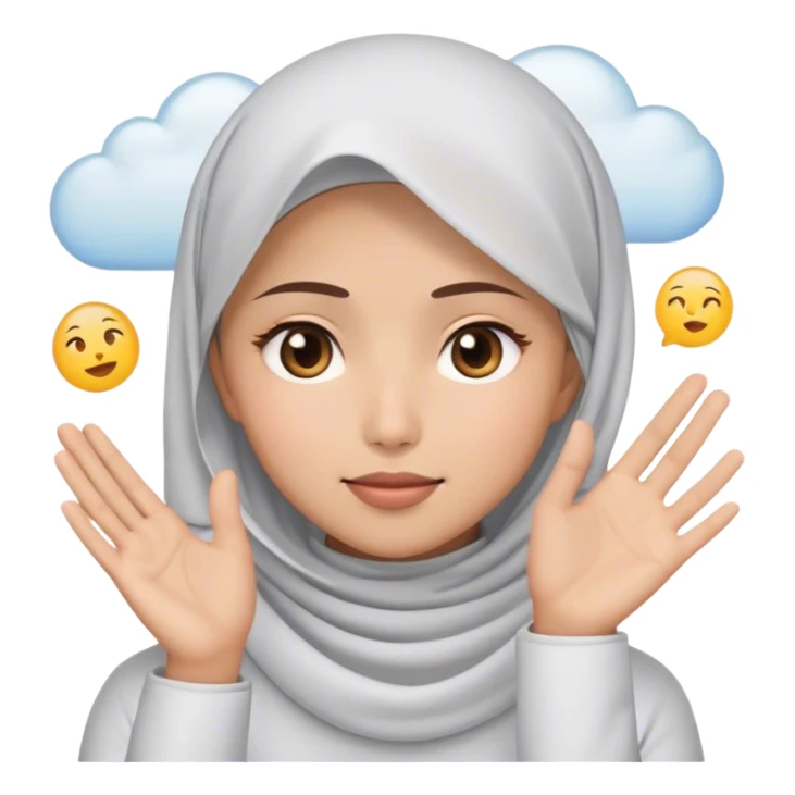 a white young asian Muslim woman are thinking something. Her eyes rolling to up right. Her hand touching face. There's emoji cloud to describe what she thinking about. sticker