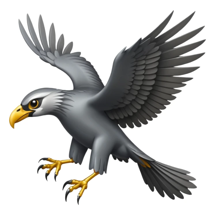 Emoji-style icon of a large metallic predatory bird flying, sharp wings, steel texture, dramatic pose, no gold no yellow sticker