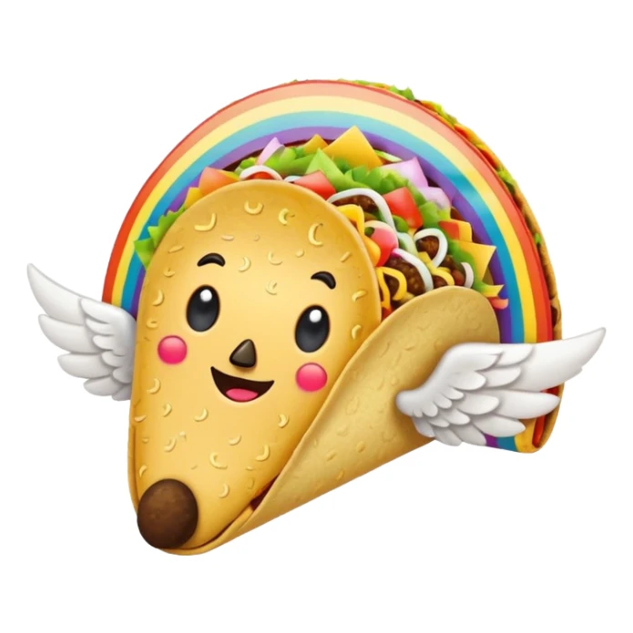 taco with white wings and rainbow question marks on the sides. sticker