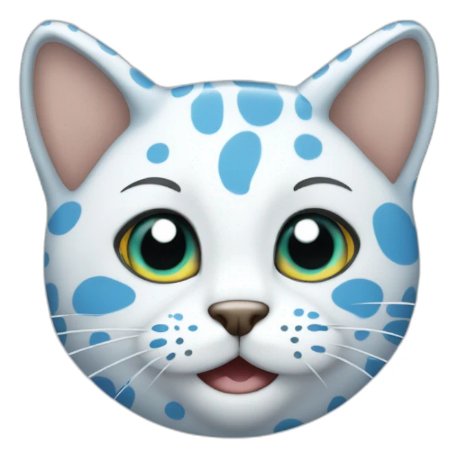 cartoon white spotted cat, the spots are blue, the one spot is on a head on his left side, the second spot is on an ear sticker