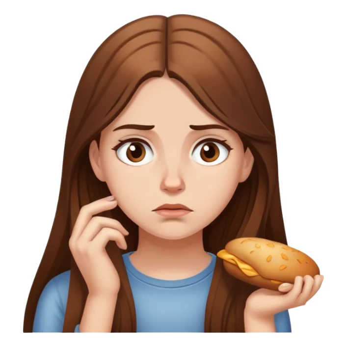 Hungry white girl with brown long hair, thinking sadly about food sticker