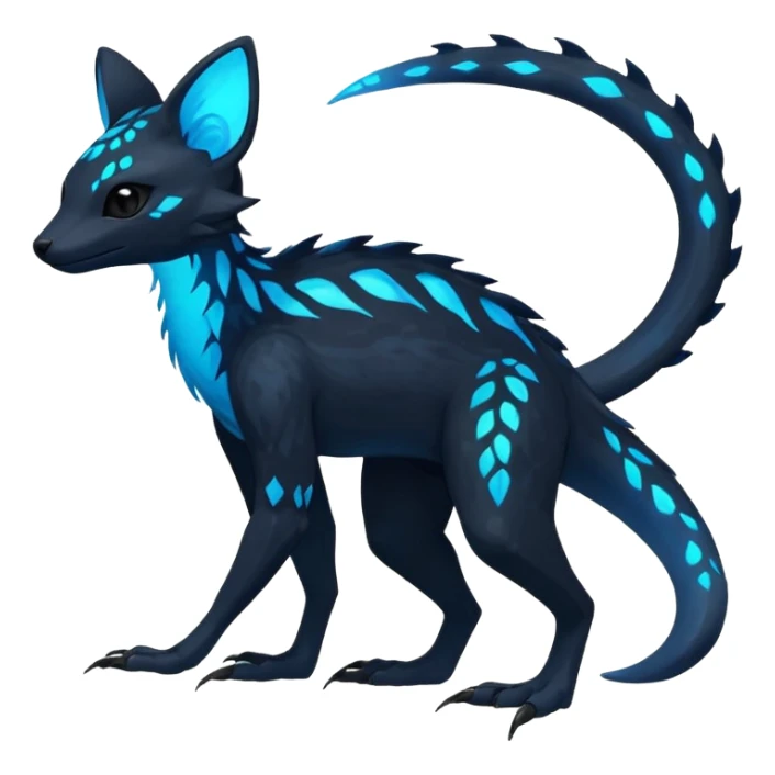 Rare realistic dark black with glowing blue bioluminescent edgy badass epic pretty beautiful handsome gorgeous aesthetic colorful vibrant Vernid-Trico-Amaura-species-Fakemon-creature by LiLaiRa, 4 legs, 1 tail, random markings, (full body) sticker
