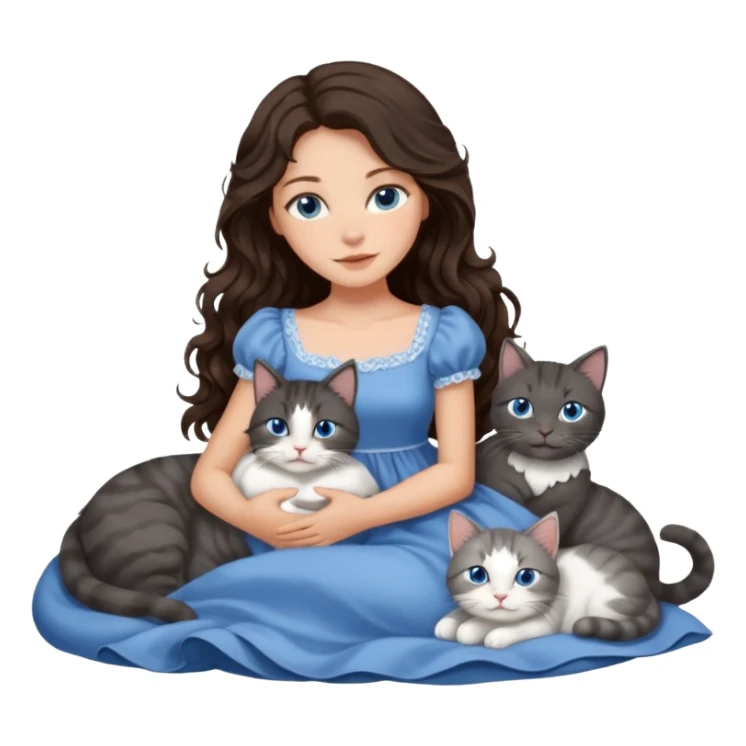 detailed realistic looking a dark grey and white cat regally laying with six other cats, cuddling with their owner in bed who is a pretty bratz lightly tanned white girl with long dark brown hair, blue eyes and gorgeous long wavy hair wearing a pretty detailed dress sticker