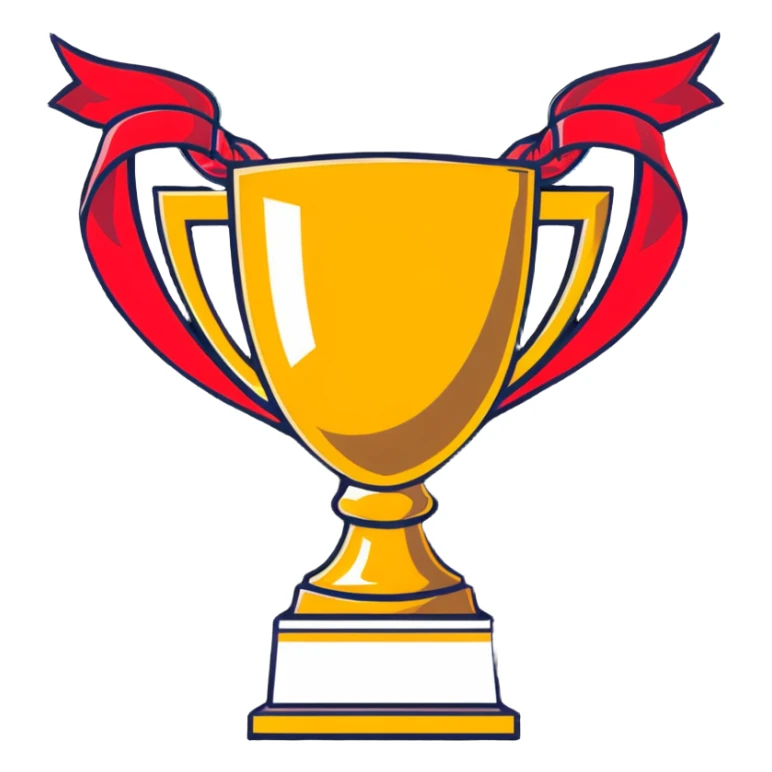 golden championship trophy with red ribbons sticker