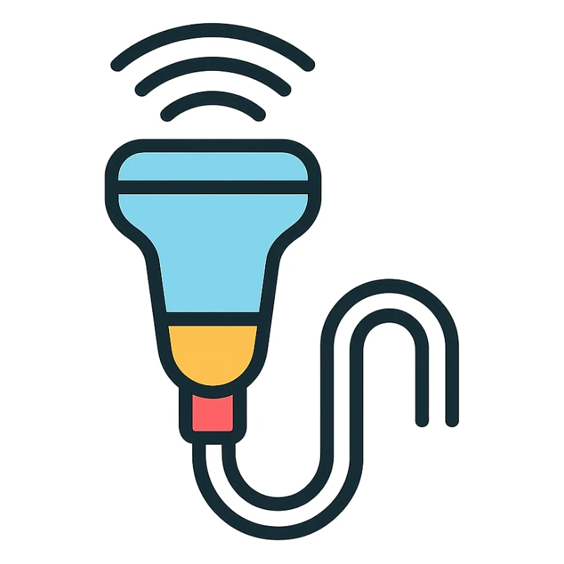 ultrasound probe, color outline icon style, clear medical device details sticker