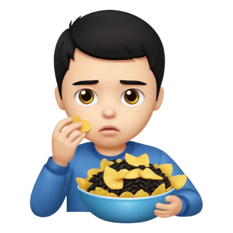 a PRETTY BRATZ boy with black hair, stuffing his face with chips and looking sad sticker