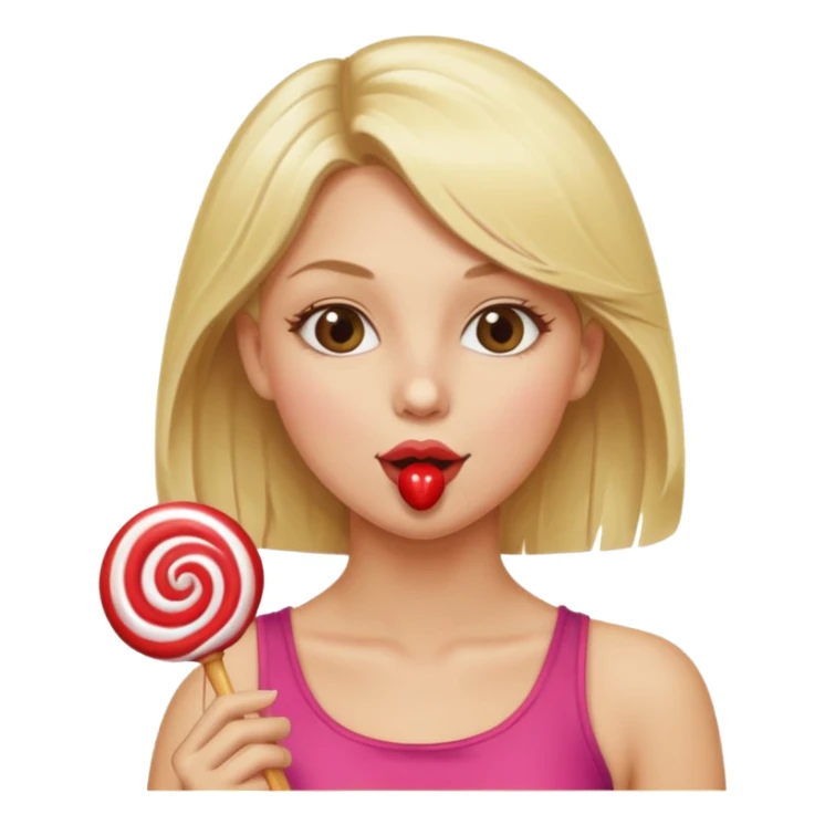 Blonde women with shoulders showing and licking a lollipop sticker