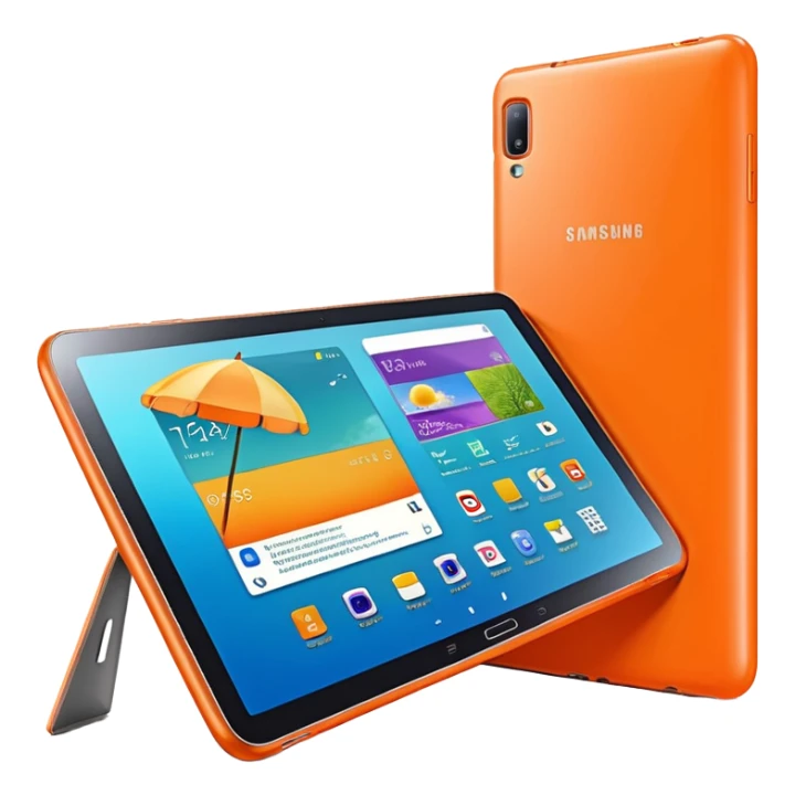 Ultra Detailed hyperrealistic beautiful Samsung galaxy 10.5 tablet, with a cute neon orange summer vibes cover case 3d render, isolated, still life. Must be 8k quailty, 9000x9000px resolution  sticker