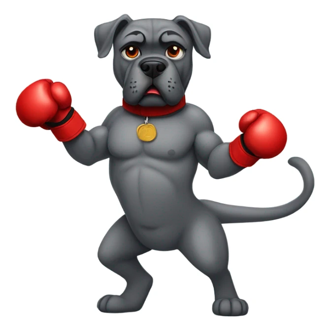 Gray Cane Corso dog with red boxing gloves on in fighting stance like a human. sticker