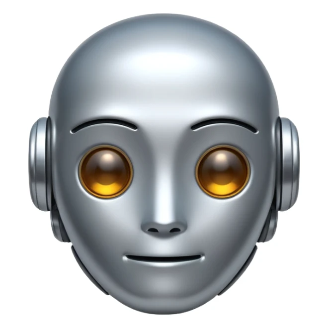 A cute futuristic robot emoji made of silver chrome, rounded friendly body, minimal facial features, glossy metallic surface, soft reflections, iOS emoji style, centered, clean white background sticker