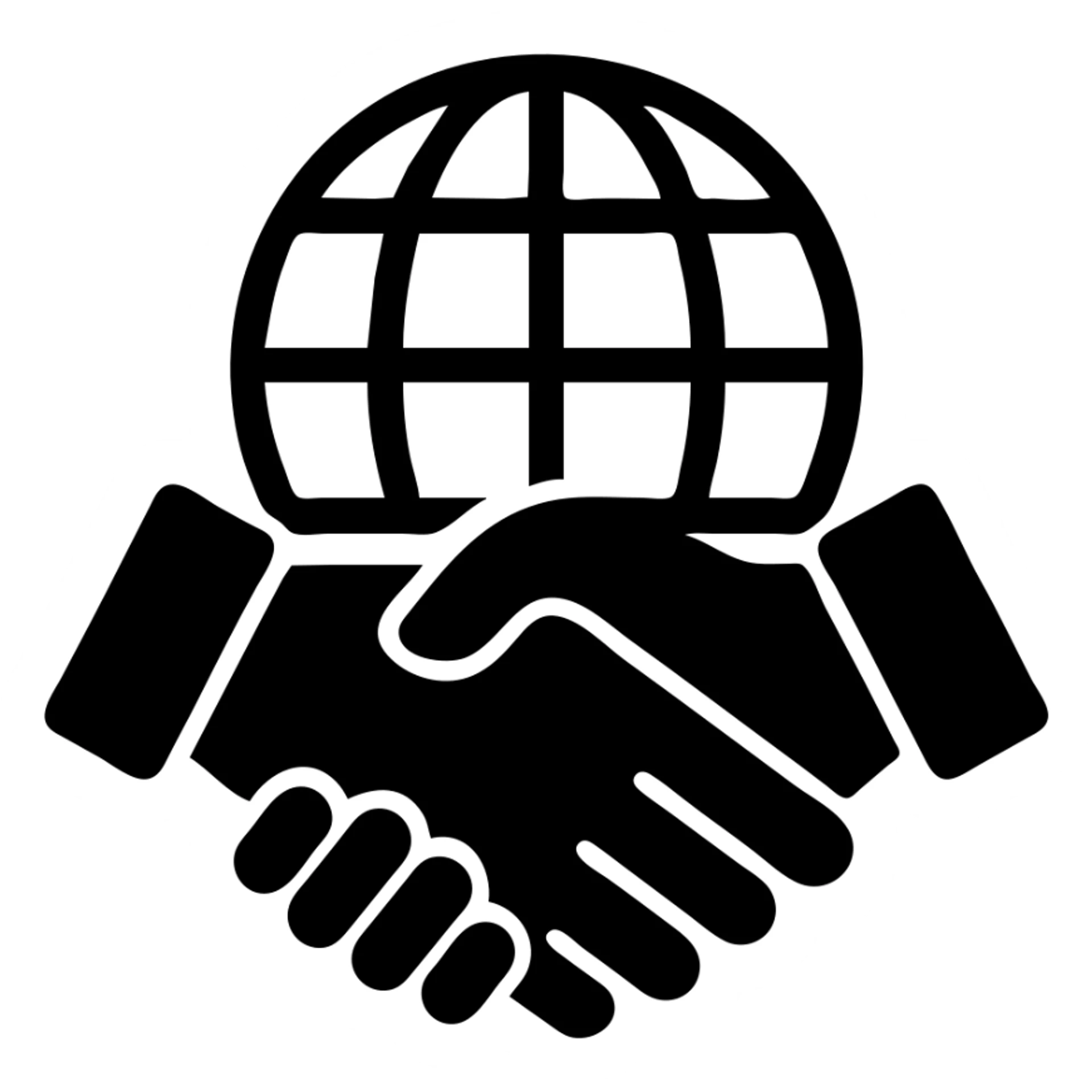 International partners icon, handshake in front of a globe, black filled style, variation 4 sticker