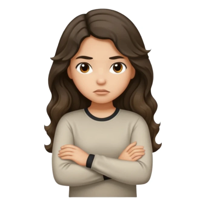 Hispanic light tan girl with long dark wavy hair with arms folded and pouting. Wearing a long sleeve. Hair with middle part. sticker