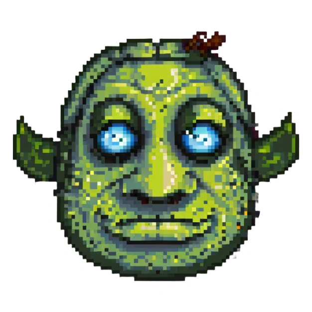Shrek face close-up in pixel art, big round nose, expressive eyes sticker