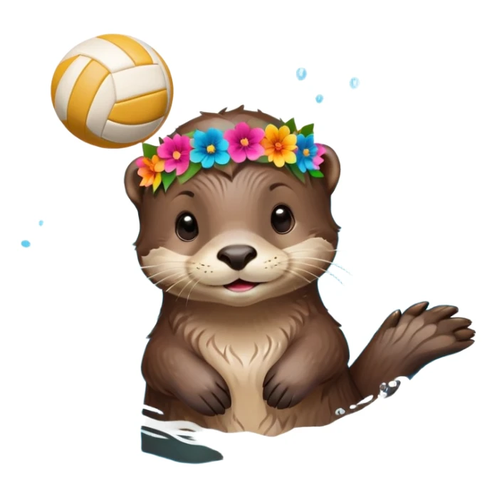 super cute baby otter with a colorful flower crown ring around its head, gentle expression, FLOATING ON EXTREMELY OBVIOUS BRIGHT BLUE WATER with exaggerated large waves, splashes and ripples surrounding the otter, baby otter holding a volleyball with both paws above the very prominent water sticker
