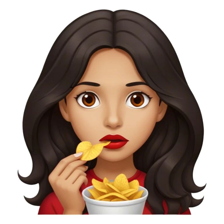 make a tan girl with wavy black long hair length. Medium small lips, dark brown eyes. and a thin straight down long nose. Make her eating red chips sticker