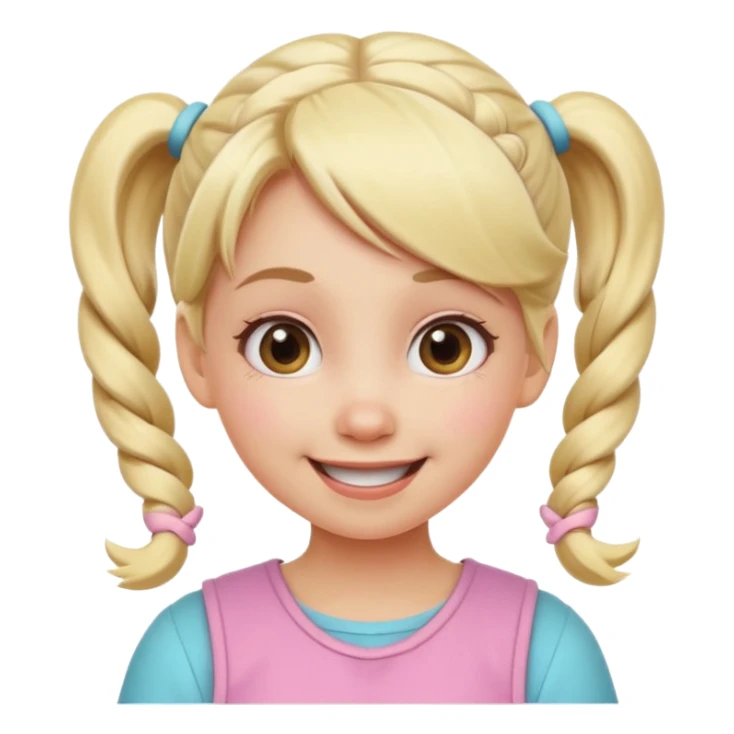 A playful blonde female cartoon character with wide, mischievous eyes, smiling, pigtail, dynamic pose suggesting movement, pastel colors, minimalistic and cute emoji style. sticker