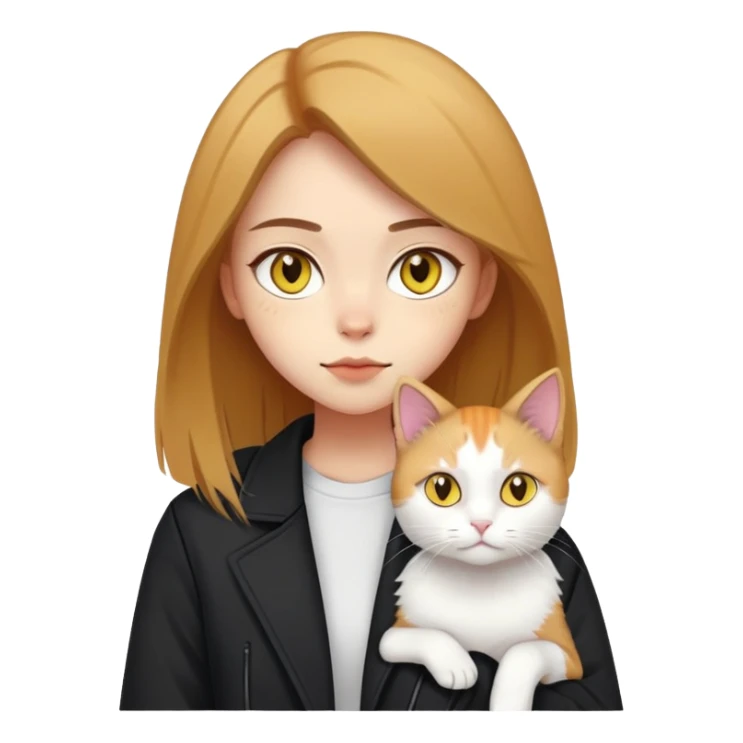 A light-skinned brown straight-haired girl wearing black jacket, along with two cats. One cat is pure white cat with yellow eyes, another is a calico cat sticker