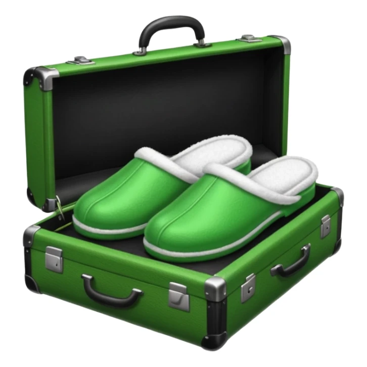 Feet with white socks wearing green house slippers standing on a briefcase sticker