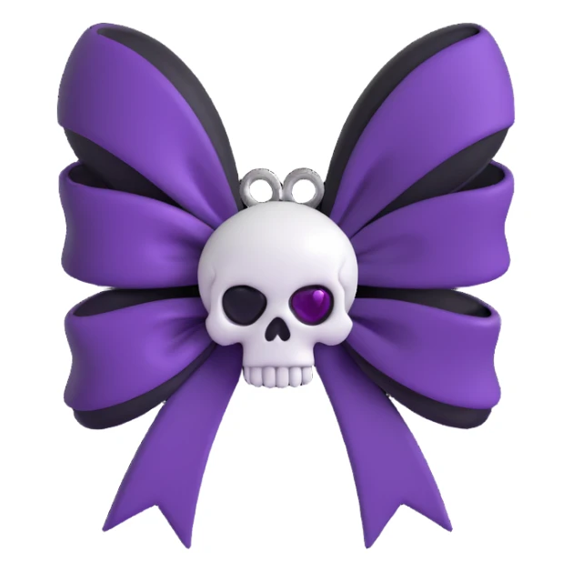 3D emoji gothic bow, black velvet with silver skull charm and deep purple gemstone sticker