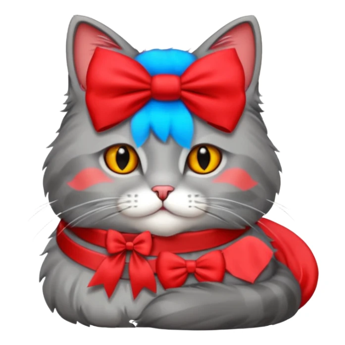 A fluffy grey cat is lying down with a red bow on its neck. sticker