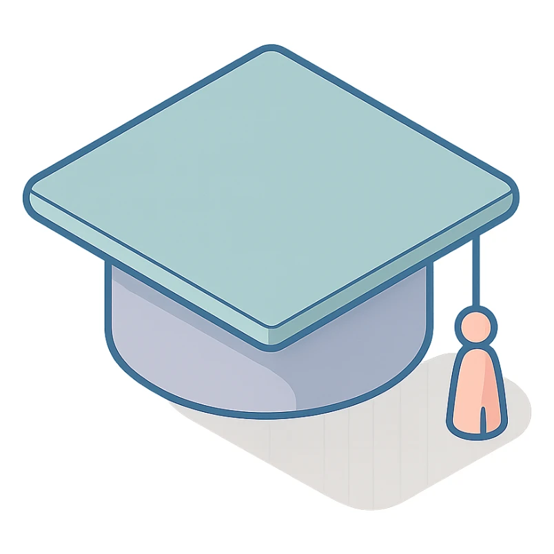 academic graduation cap, square with tassel, 2D isometric style, clean lines, soft shadows and highlights, minimalist eastern accent, pastel palette #98B5BC, #B5B3C1, #C9A3C9, #E4C0CA, #F7DCD1, #F7C0AA, transparent background sticker