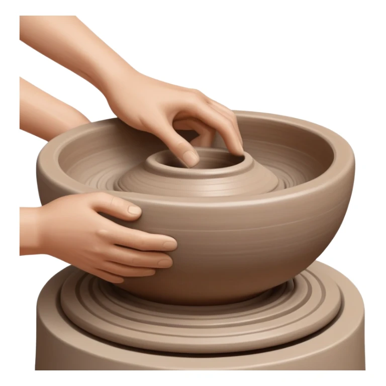 Two hands shaping a clay vessel on a silver pottery wheel, one hand inside and one hand outside the vessel, clean and focused view with no splashing clay sticker