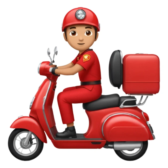 A man in red uniform on a red scooter with space in the back for cargo sticker