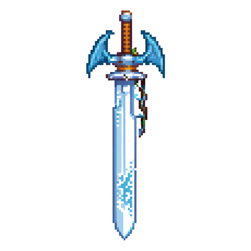 Snow Dragon Sword, pixel art style, icy blue blade with dragon motifs, pixelated details, fantasy weapon sticker