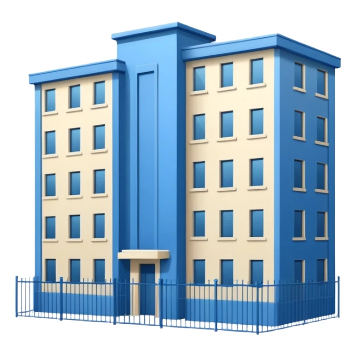 blue rectangular 9-story apartment building surrounded by fence, closed courtyard, minimal flat vector icon sticker