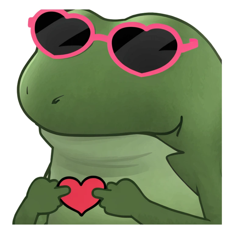 Bufo frog with heart-shaped sunglasses, sipping a pink cocktail, in bufo style, transparent background sticker